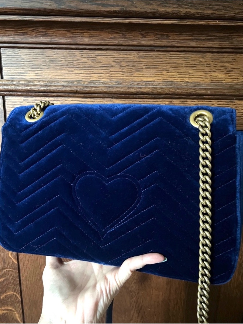GUCCI GG Marmont Velvet Cobalt Blue Medium Shoulder Bag with duster and cards - Picture 4 of 15